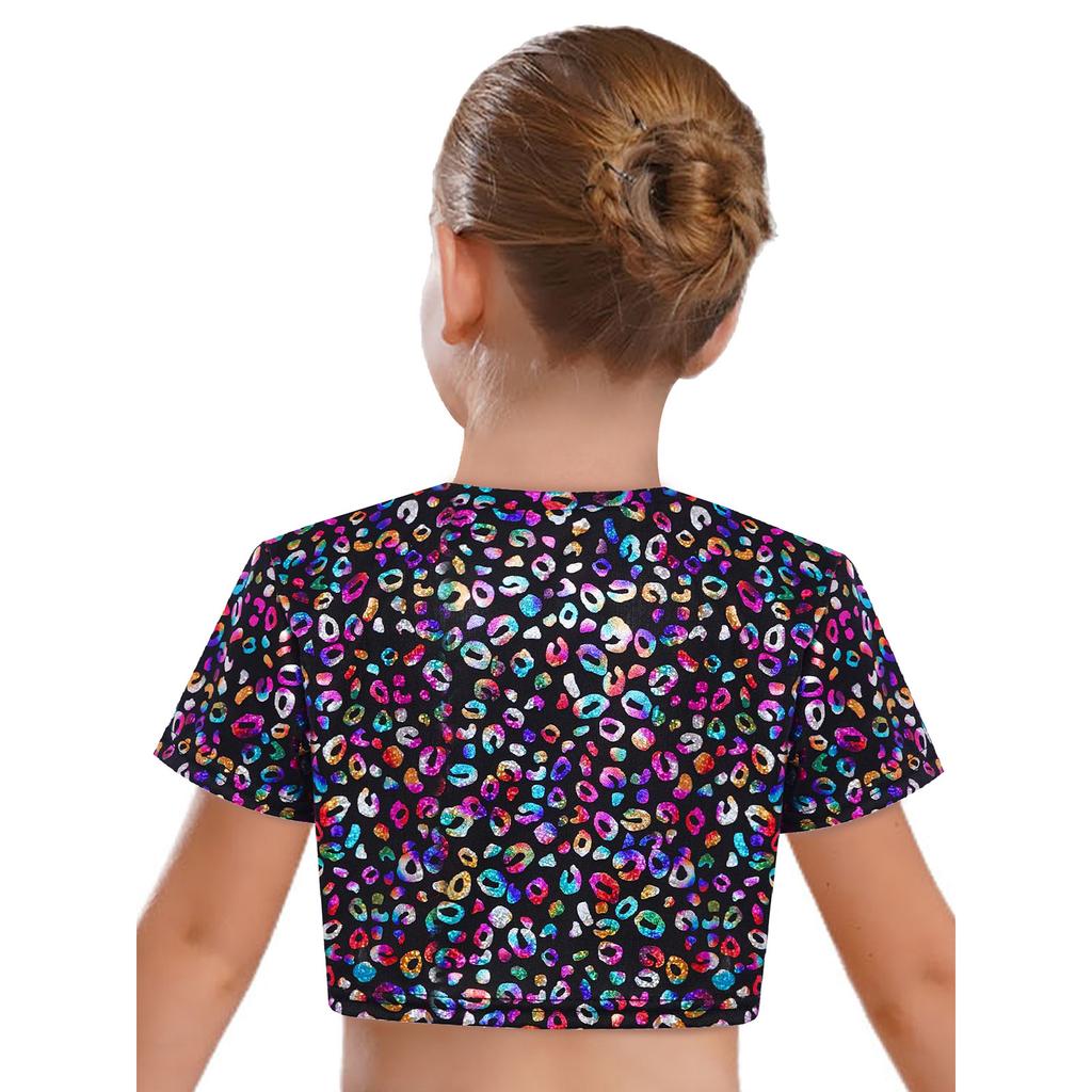 Girls Metallic Leopard Print T-Shirt Crop Top Short Sleeve Round Neck Cheerleading Costume