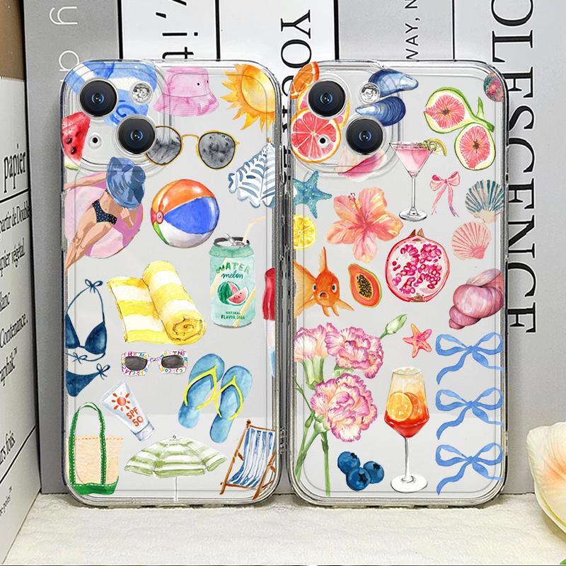 Transparent Seaside Scenery Wine Lemon Girls Phone Case for IPhone 16 11 12 13 14 15 Pro Max 7 8 14 Plus 16E X XS Art Soft Cover