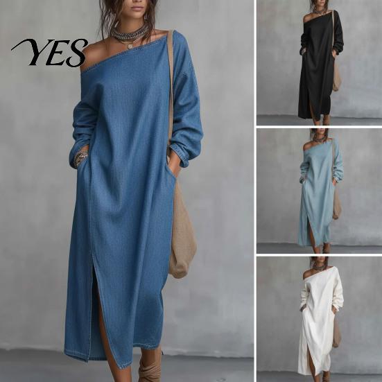 Party Dress Casual Women's One Shoulder Long Sleeve Maxi Dress, Cotton Linen Tunic Side Slit Summer Loose with Pockets Retro Style