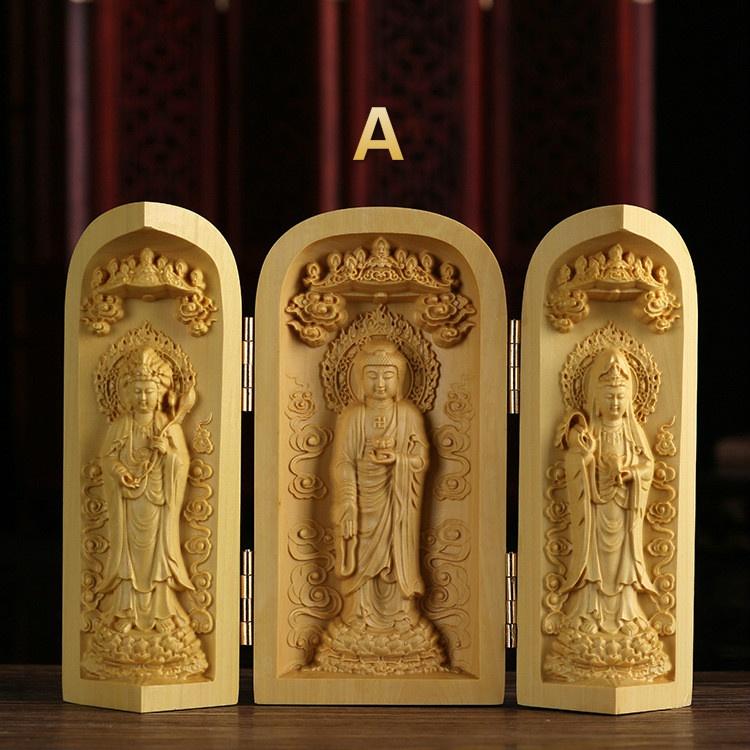 1 Stück Exquisite Buchsbaum-Schnitzerei Guanyin Buddha Statue Westliche Drei Heilige Holzschnitzkunst Handwerk Heimdekoration