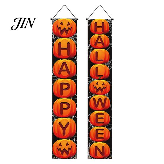Durable Fabric Banner Halloween Porch Sign Banner, Pumpkin Ghost Party Awning Hanging Wall Decorative Holiday Door Decoration, Front Wreath