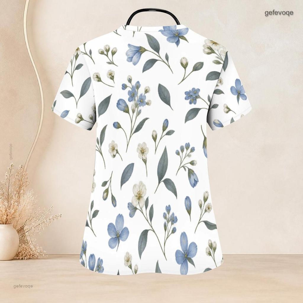 Women Plus Size White Floral Printed V Neck Short Sleeve Nurse Scrub Top With Front Pockets