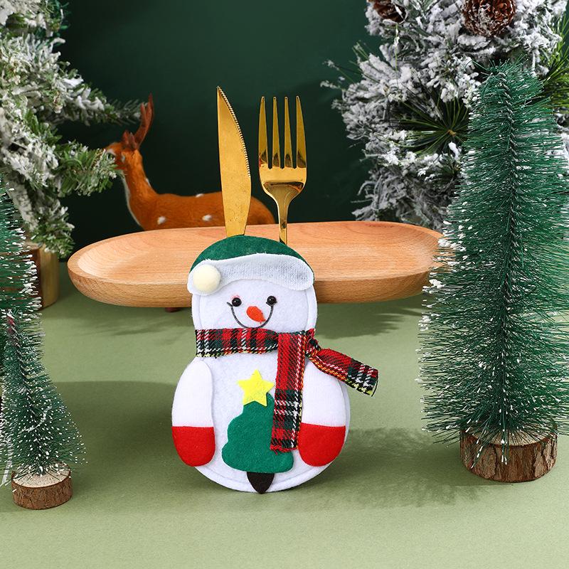 Christmas Table Decoration Set: Santa & Snowman Cutlery Covers, Knife & Fork Hats, Wine Bottle Covers