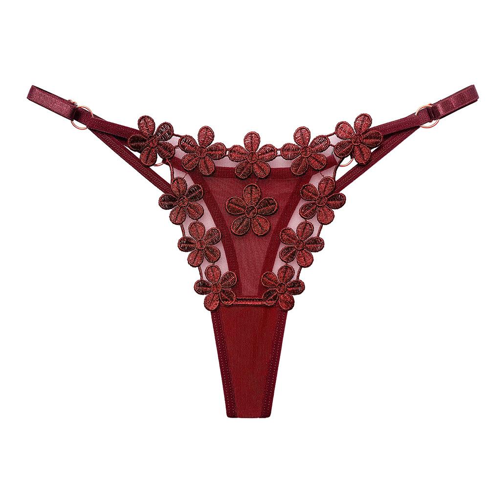 European Exquisite Butterfly Embroidered Thong Sweet Flower Perspective Lingerie Women Sexy Adjustable Briefs
