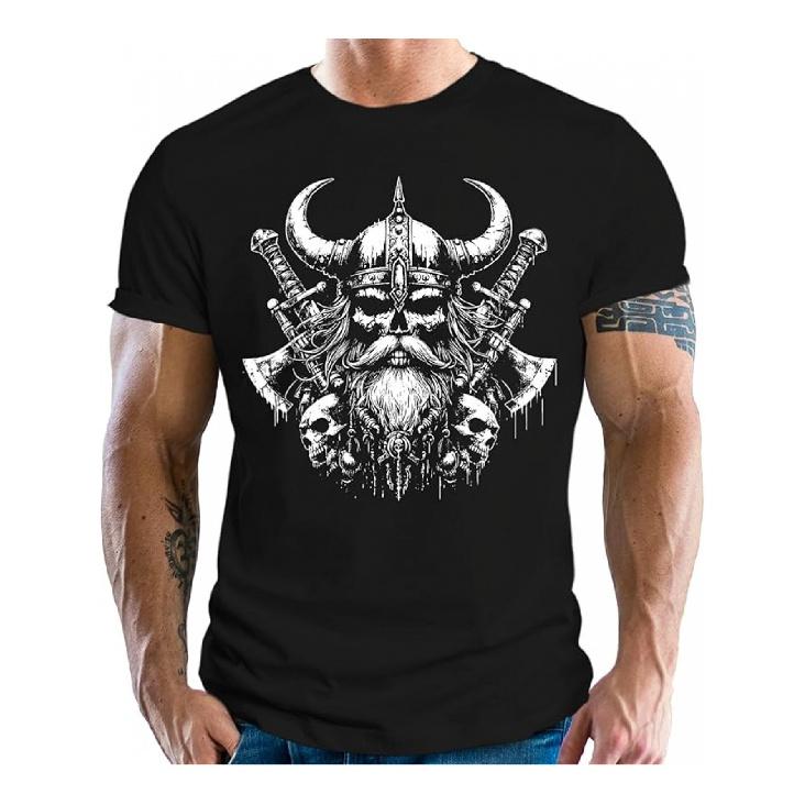 Men's Viking Norse Warrior & Horned Helmet Graphic T-Shirt - Walhalla is Calling - 100% Cotton Black with White Viking Print, Loose Fit Casual Short