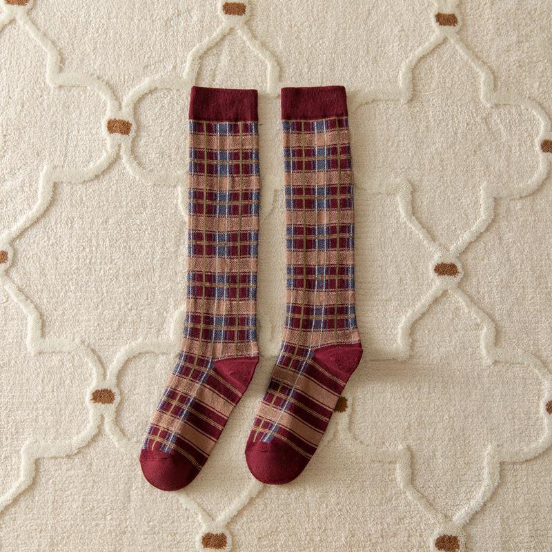 Korean Harajuku Retro Geometric Plaid Mid-Calf Socks for Women White Grid Mid-calf