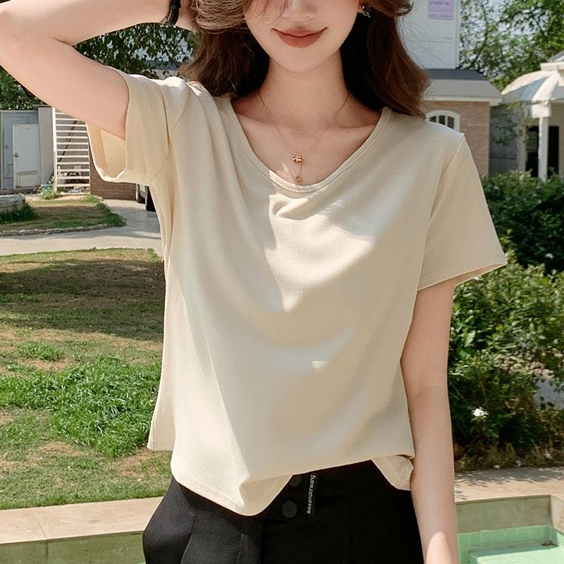 Ladies' Large V-Neck Short-Sleeve T-Shirt - Spring/Summer, Loose Fit, Solid Color, Versatile & Slimming.