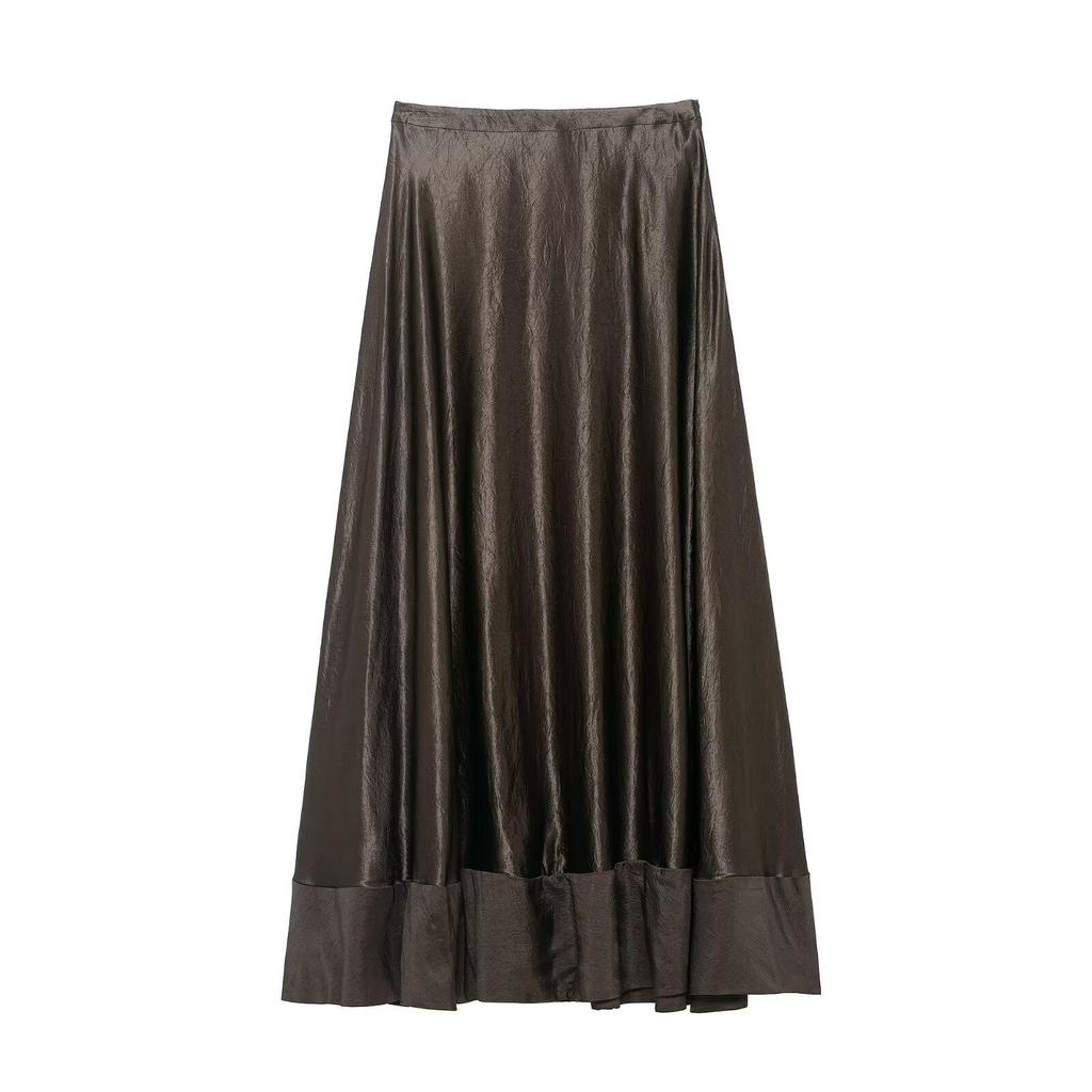 European Women's Beaded Sequin Embroidered Silk Satin Lace Trim Midi Skirt