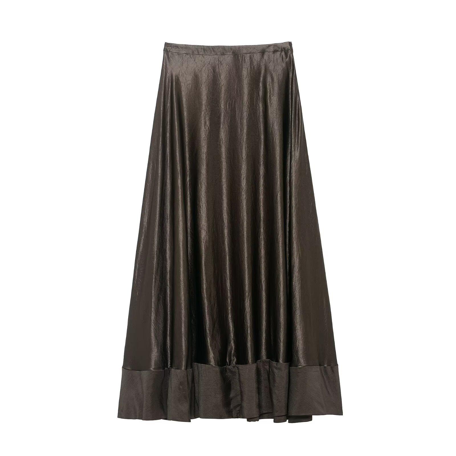 2025 Autumn/Winter Elegant European Silk Satin Midi Skirt Small как