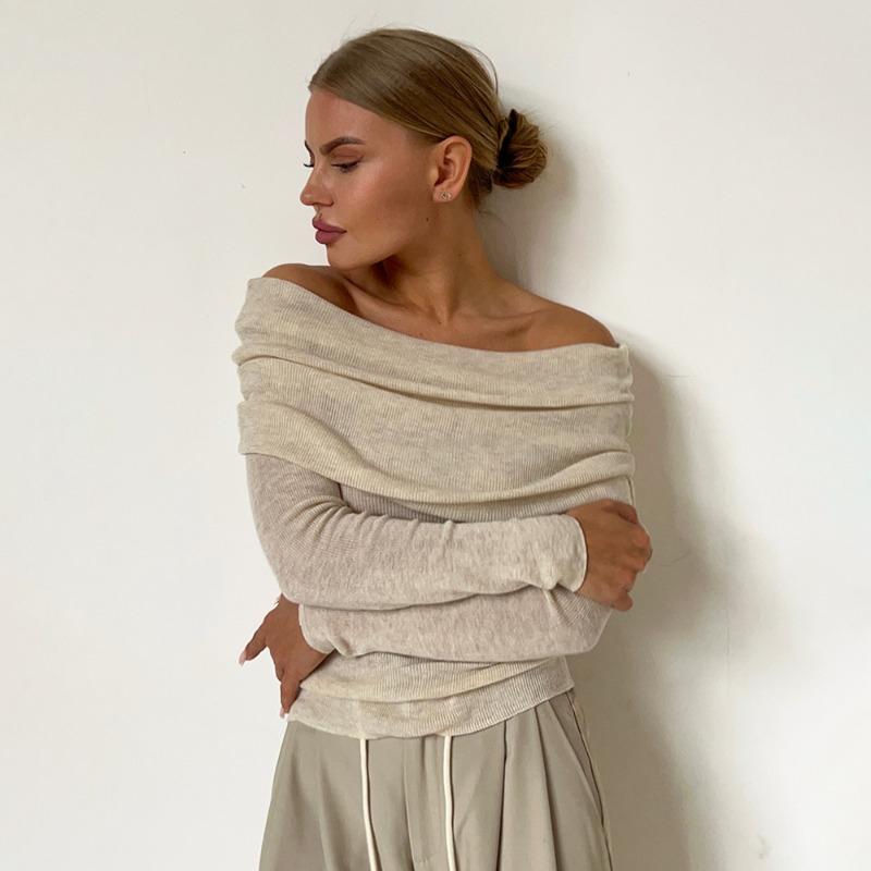 Sexy Off Shoulder Knitted Sweater for Women Fashion Autumn Slim Fit Solid Pullover Sweaters Women Slash Neck Long Sleeve Knitwears Tops 25081