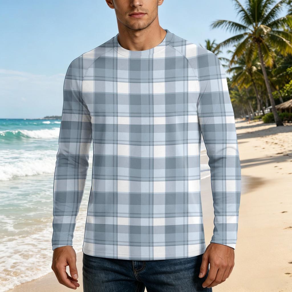 Men Long Sleeve UPF 50 Plus Sun Protection Shirt Outdoor Sports Fishing Casual Top Lightweight Breathable Quick Dry Crewneck Plaid Design