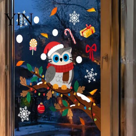 Festive Home Beautification Supplies Cute Christmas Owl Window Sticker, Snowy Branch Candy Glass Decal, Waterproof Self Adhesive Seasonal Wall