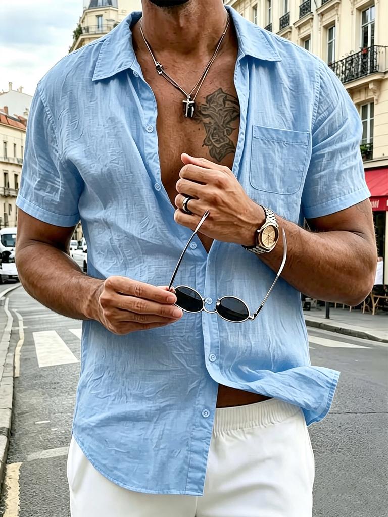 Men's White Textured Short Sleeve Button-Up Shirt with Chest Pocket - Lightweight Summer Vacation Top