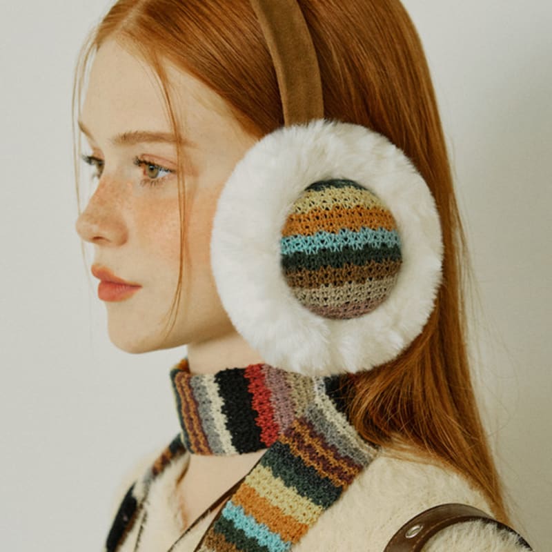 VVV [SET] Striped Fur Earmuffs & Muffler
