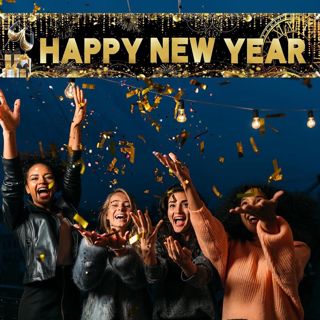 Long Happy New Year Banner 2026 Black Gold New Years Eve Party Decorations Banner Backdrop, 118 × 20 inch Sparkle Photo Booth Sign Background for