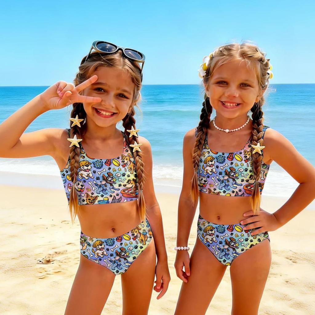 Girls Two Piece Swimsuit Set Summer Animal Print Tankini Top and Bottom Swimwear for Kids Beach Pool Outfit