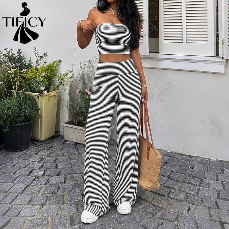 TIFICY Women's Fashion Casual Summer Spring Stripe Print Sleeveless Trousers Pants Suits