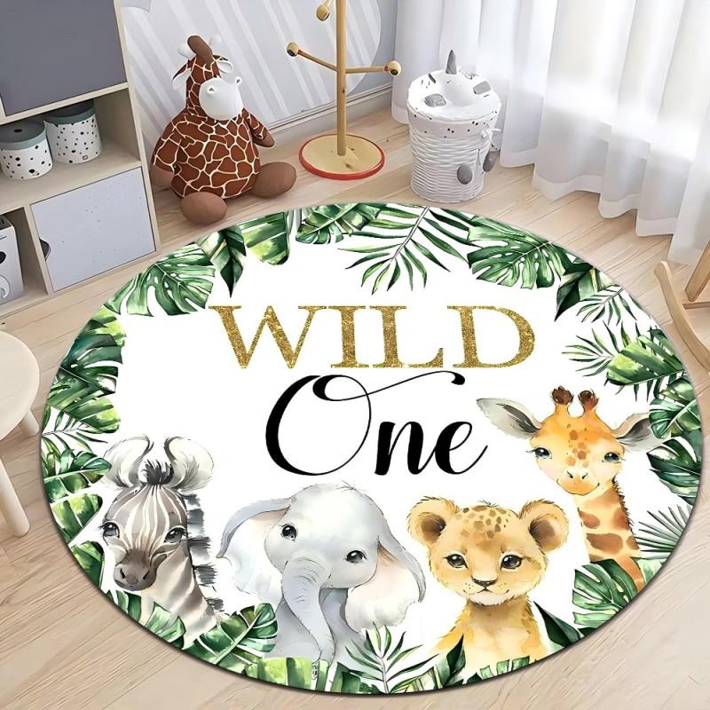 Okrągły dywan z nadrukiem zwierząt z dżungli Safari, Miękki dywanik podłogowy z chenille'u antypoślizgowy dla dzieci do sypialni, salonu, pokoju dziecięcego, dywan do dekoracji domu