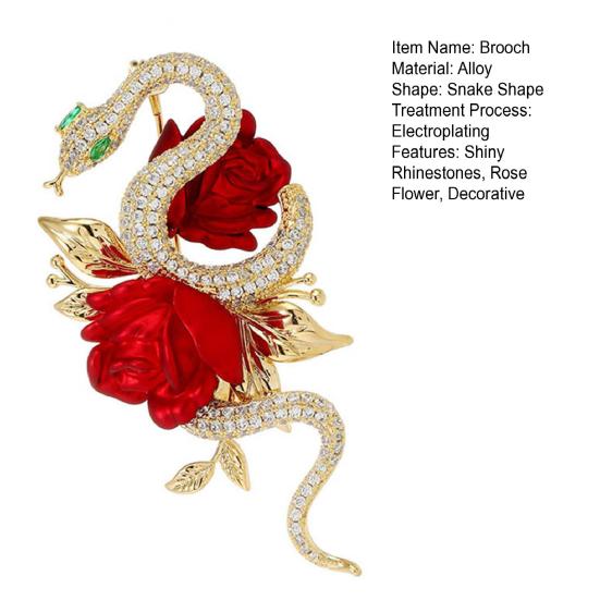 Suit Coat Brooch Shiny Rhinestones Snake Shape Pin with Rose Flower Decor Sweaters Hats Bags Badge Daily Wear Parties Accessory