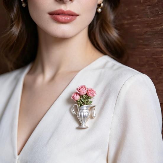 Yousheng Brooch Retro Kettle Shape Wedding Three-dimensional Brooch with Imitation Golden Metal Texture Real Flower Insert Coat Scarf Hair Bag