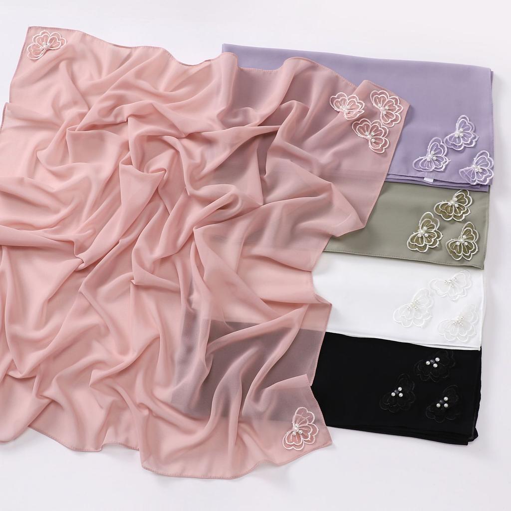 90*90Cm Square Chiffon Hijab Four-Corner Butterfly Bead Pearl Muslim Scarf Scarf Sweet Headscarf Foulard Femme Hijab