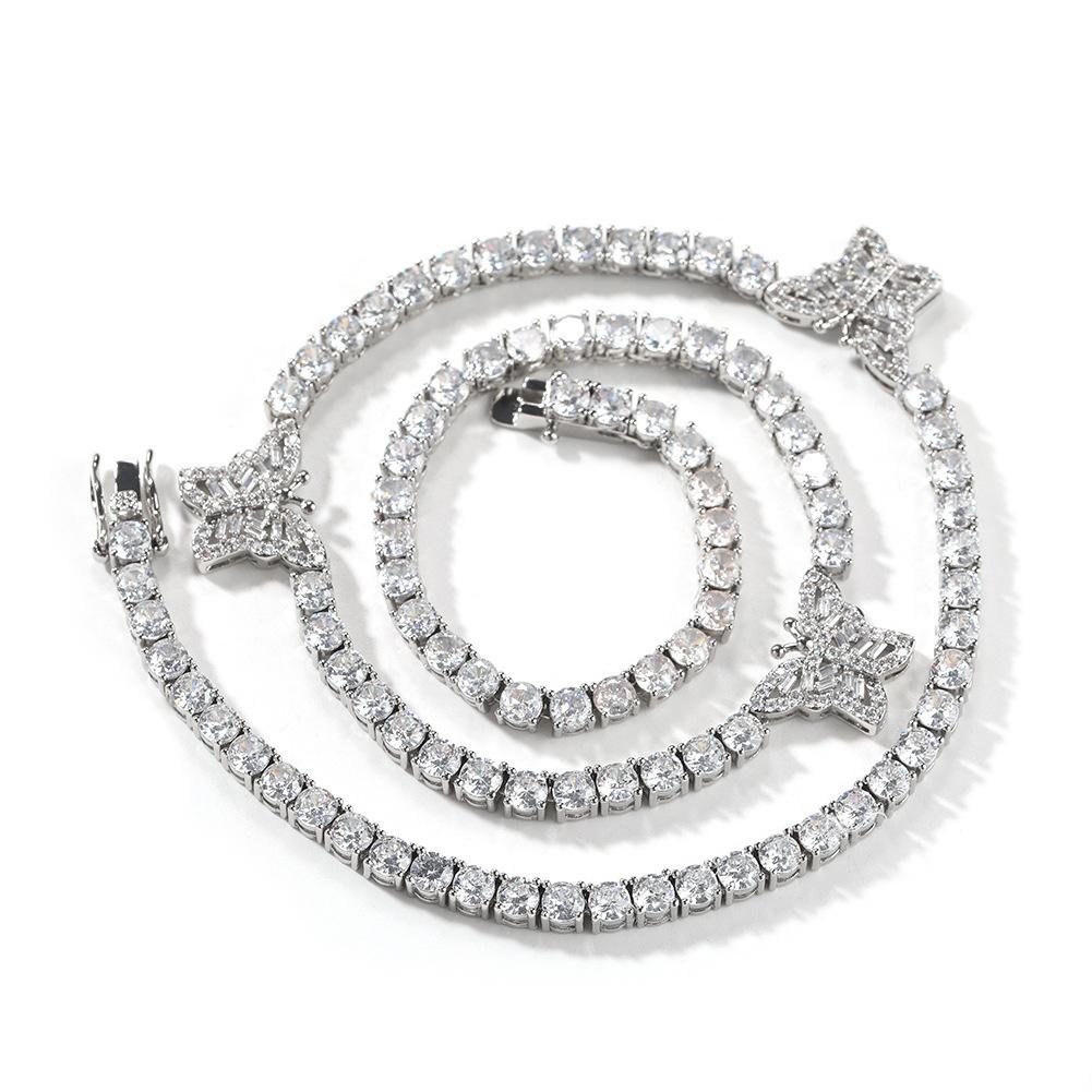 Newly Launched Cross-border Best-selling 4mm Zircon-studded Cuban Chain Necklace 3 Butterfly-style Lock. Silver Plated Hip Hop Hiphop&16inches(40.64cm) серебряный