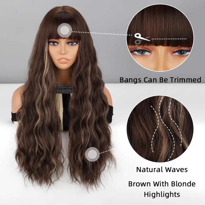 MISS WIG Γυναικεία μόδα καφέ με ανοιχτόχρωμες ανταύγειες μακριά κυματιστή περούκα με κτυπήματα από συνθετικές ίνες φυσική κυματιστή περούκα