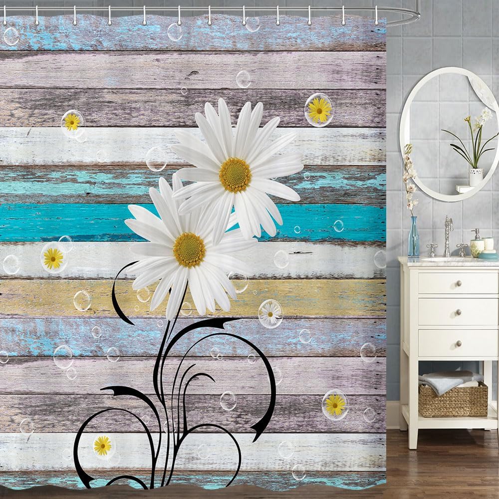 Daisy Shower Curtain Set - Rustic Farmhouse Floral with White/Yellow Blooms, Spring Botanical Bath Decor, Multi-Size Options