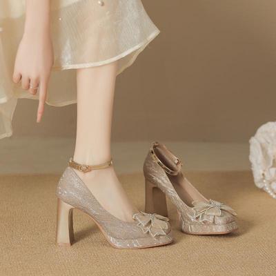 Korean Style Square Head Mary Jane Thick Heel Bow Platform Heels for Women