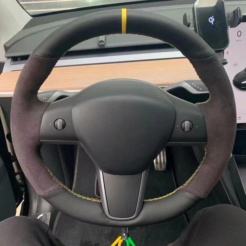 Benutzerdefinierte DIY Auto Lenkradbezug Kohlefaser Wildleder Leder Für Tesla Model 3 2017 2018 2019 2020 Auto Innenzubehör