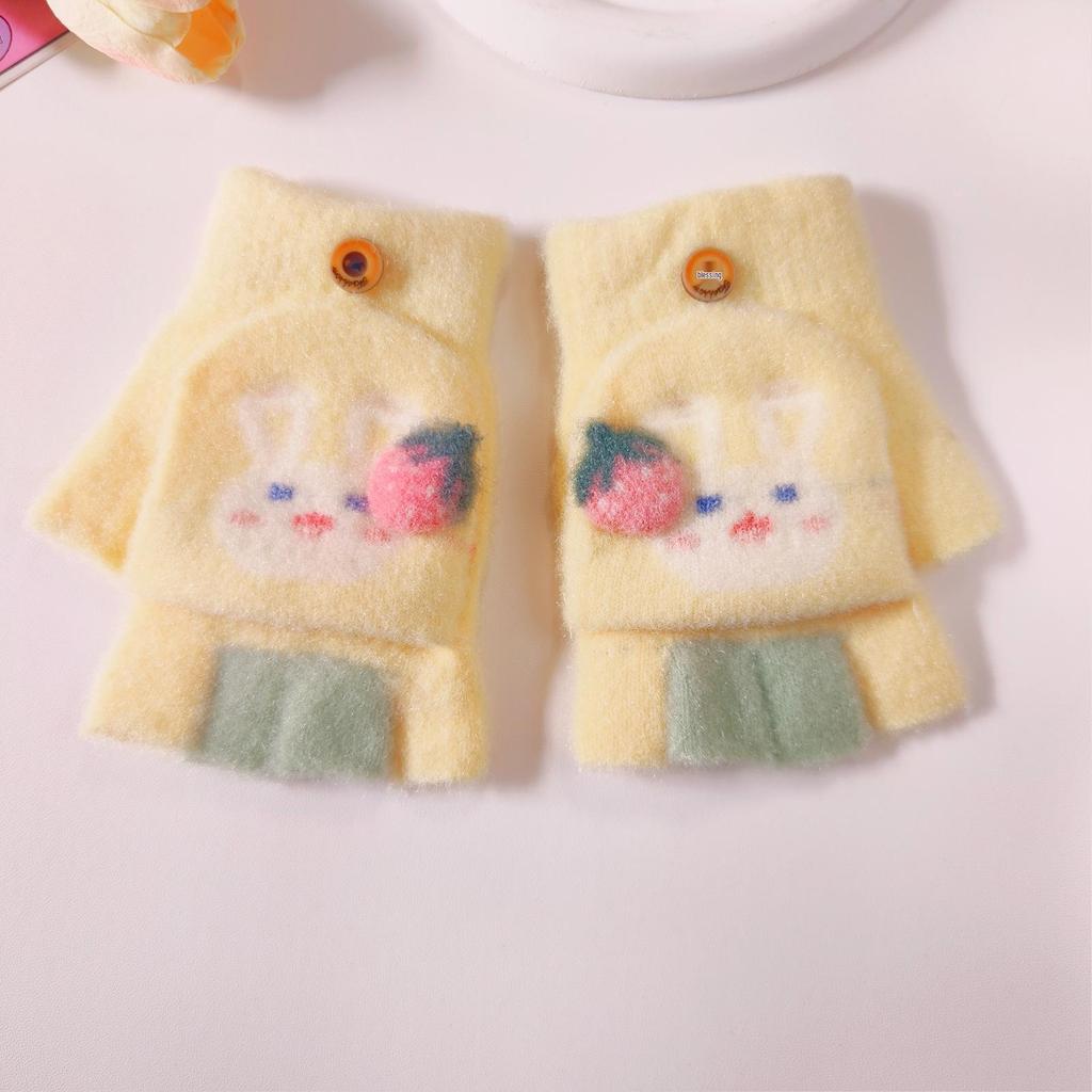 Girls' Cartoon Strawberry Rabbit Flip-Top Gloves - Warm Half-Finger, Autumn/Winter for Kids and Toddlers