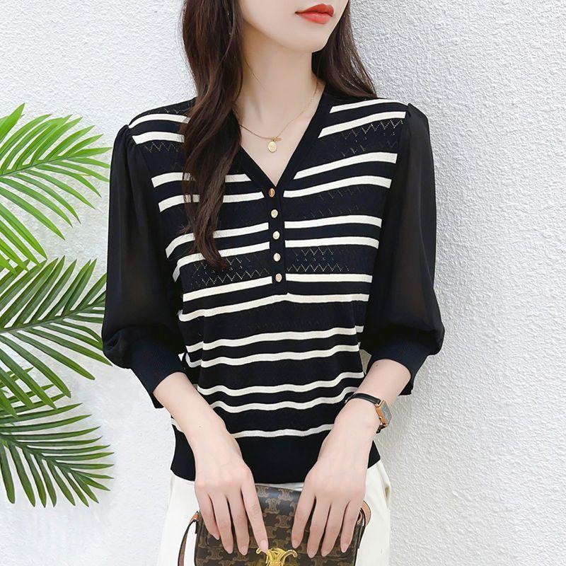 Summer Women V Neck Stripe Puff Sleeve Knit Chiffon Patchwork Top