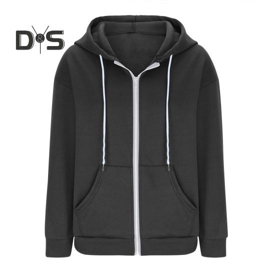Autumn Spring Women Coat Hooded Drawstring Long Sleeves Pockets Zip-up Elastic Cuff Hem Loose Sport Hoodie Casual Daily Wear Jacket