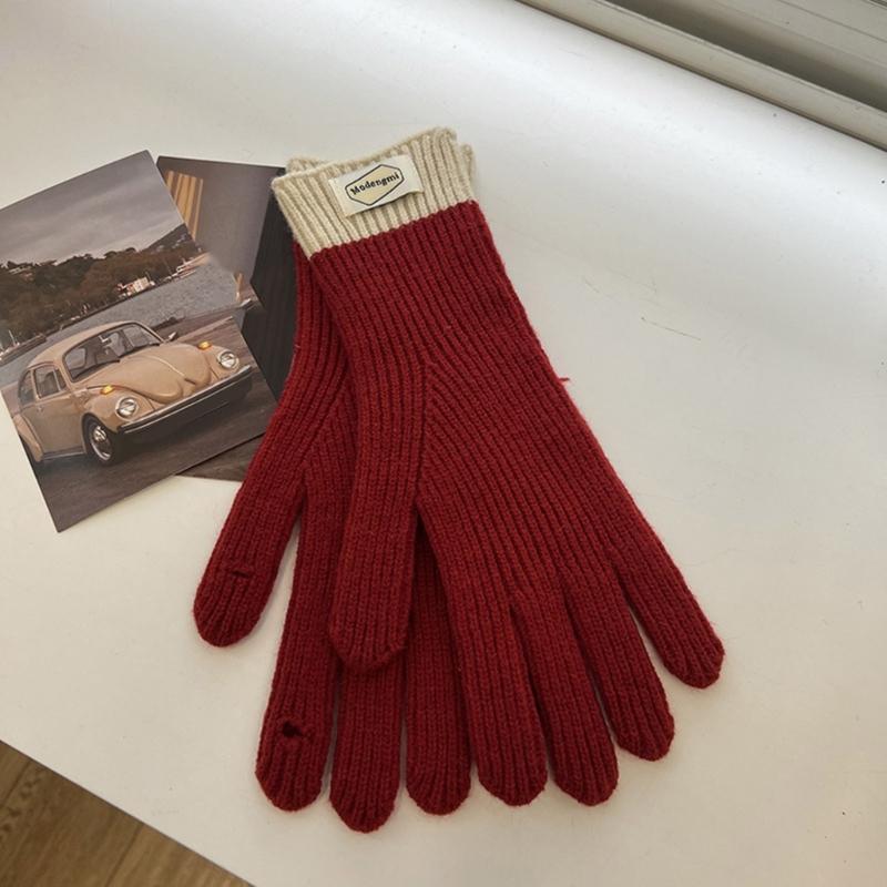 Womens Warm Knitted Full Finger Gloves Outdoor Riding Touchable Screen Colorblock Letters Label Decor Thermal Mittens