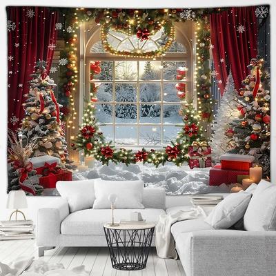 Christmas Day Party Decoration Tapestry Winter Snow Scene Tree Garland Window Landscape Wall Hanging Home Curtain Made Of Polyester Washable