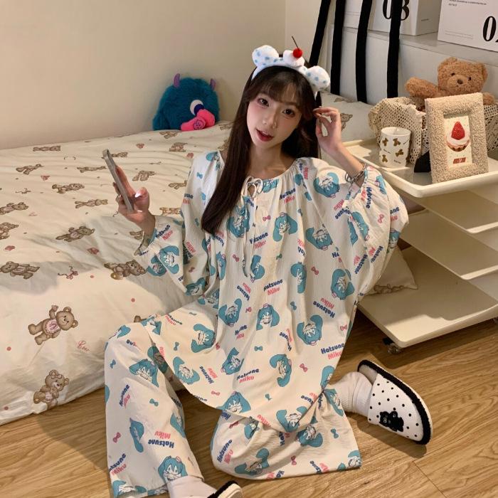 Women's Sweet Pure Cotton Pajama Set - Round Neck, Long Sleeve, Long Pants, Comfortable Home Wear for Spring & Autumn