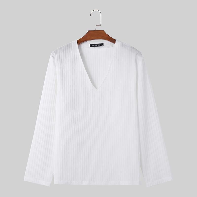 

INCERUN Мужские летние рубашки с v-образным вырезом и длинными рукавами в полоску и рюшами M белый