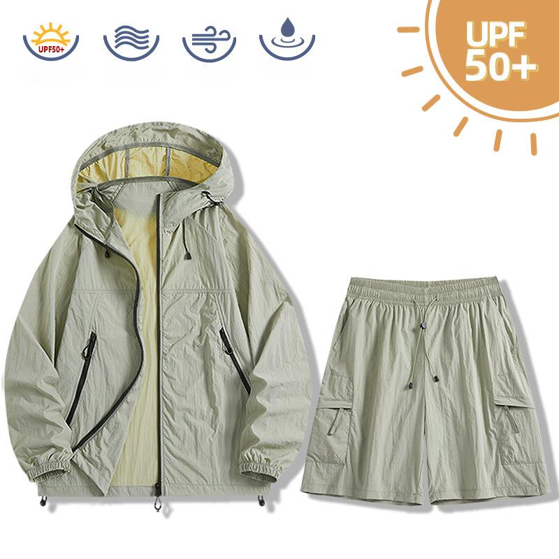 

Летний мужской солнцезащитный костюм Ice, куртка с капюшоном и шорты, легкий быстросохнущий комплект из двух предметов, стиль для пары 4XL