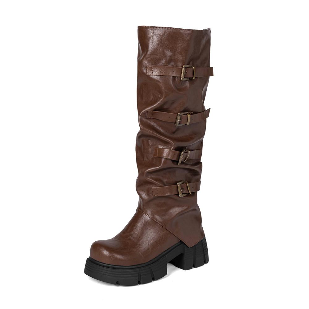 Women Platform High top Spring Fashion Designer Knee Chelsea Boots with Buckle Brand Party Black Brown