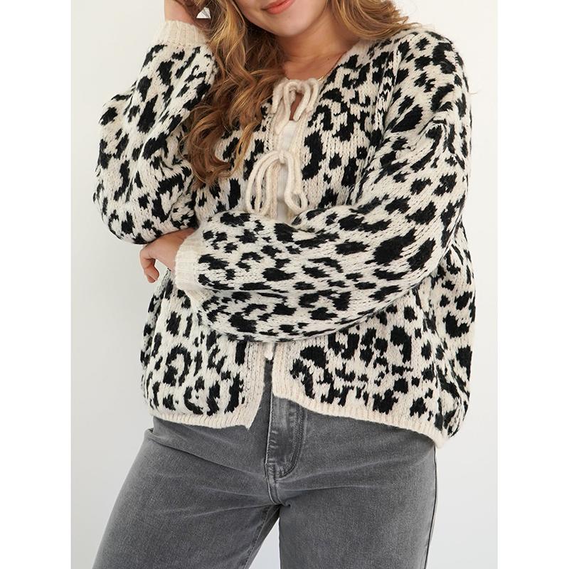 New In Leopard Print Round Neck Lace-up Knitted Cardigan Women Autumn Winter Trendy Streetwear Sweater Coats