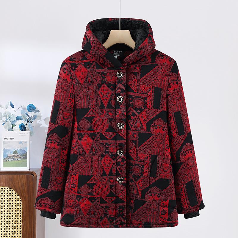 Elderly Women's Winter Fleece-Lined Cotton Jacket for 60s-70s Mom