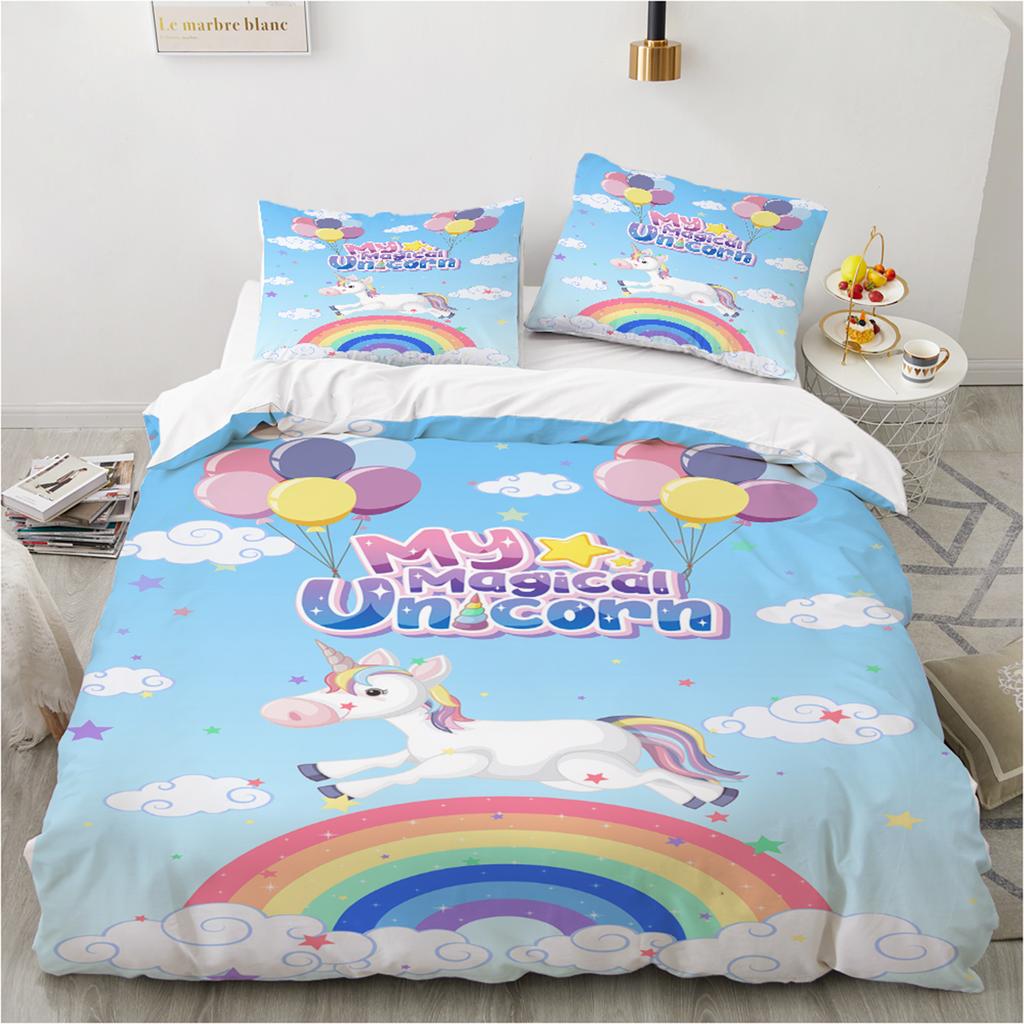 Conjunto de cama de unicórnio mágico 3d, meninos, meninas, tamanho queen, capa de edredom, fronha, cama, crianças, adultos, moda têxtil para casa