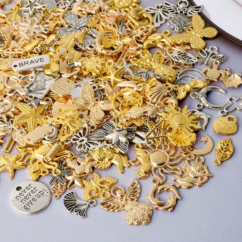 Random Mix 10/20/30/50/100pcs Alloy Metal Charm Sun Moon Star Butterfly Cross Sea Animal Pendants For Jewelry Making Accessories
