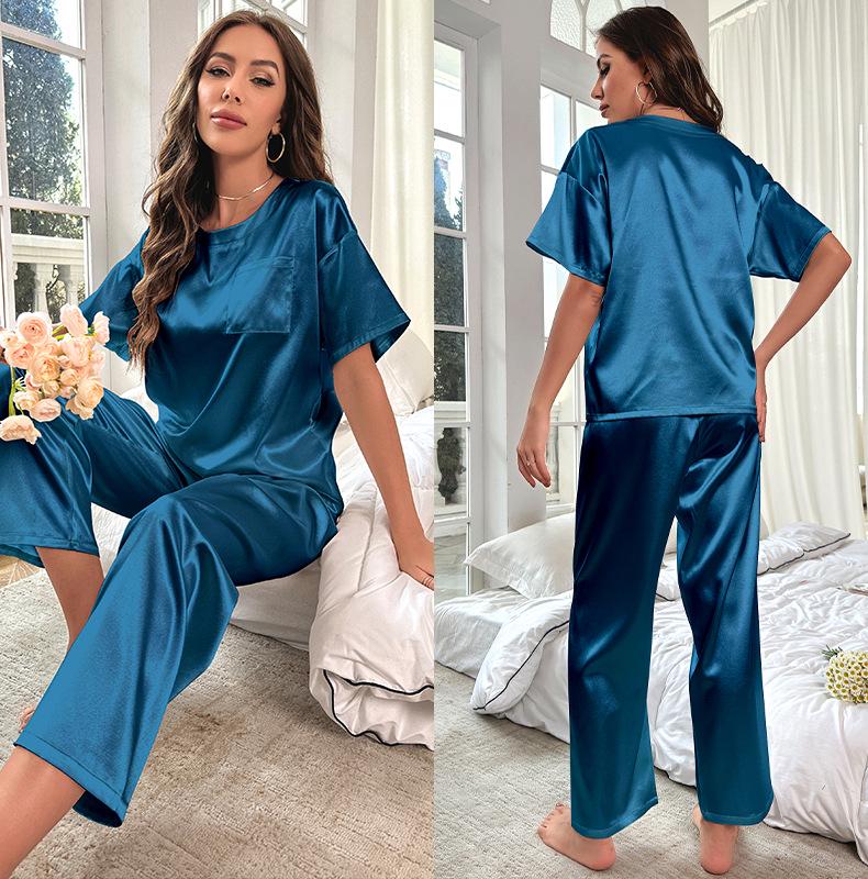 Yaoting Women's Summer Ice Silk Pajama Set - Short Sleeve Top & Long Pants, Loose Fit Casual Homewear 3147