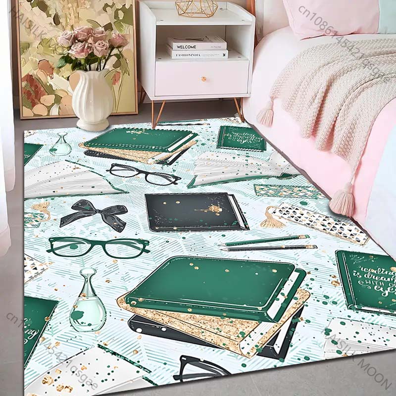 1PC Green Books Glasses Pattern Pattern Rug Carpets for Bedroom Living Room Sofa Mat Creative Door Mat Cloakroom Home Decor