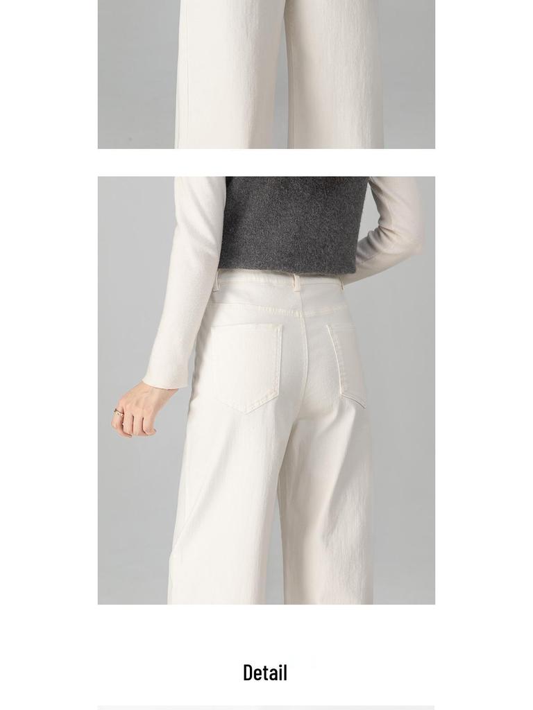 Women's Classic High-Waisted Denim Blue Wide-Leg Pants - Slim Fit, New Autumn Style, Figure-Flattering and Simple Design In White.