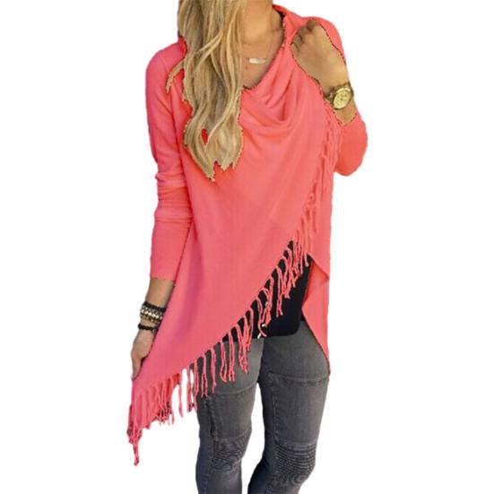Women's Tassel Hem Shawl Cardigan Asymmetric Hem Pullover Poncho Coat Fringed Cowl Neck Wrap Cape Outerwear