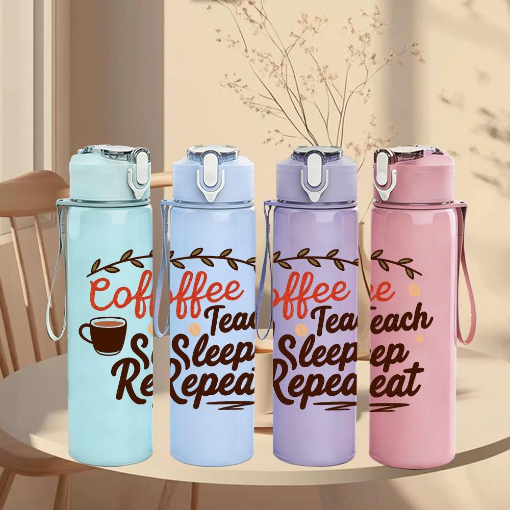 1PC Coffee Teach Sleep Repeat Letter 750ml Color Plastic Sports Water Bottle Leakproof Flip Straw Lid Suitable for Sports Office Home Use