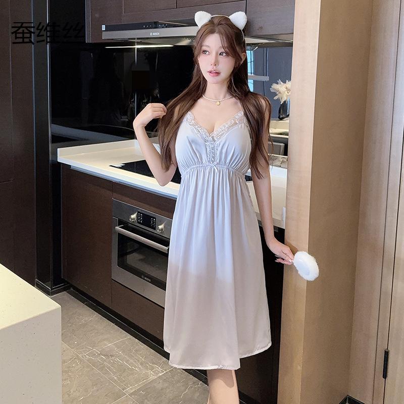 New Ice Silk Suspender Nightgown Nightdress Women's Lace Butterfly Long Palace Breathable Home Silkworm Silk