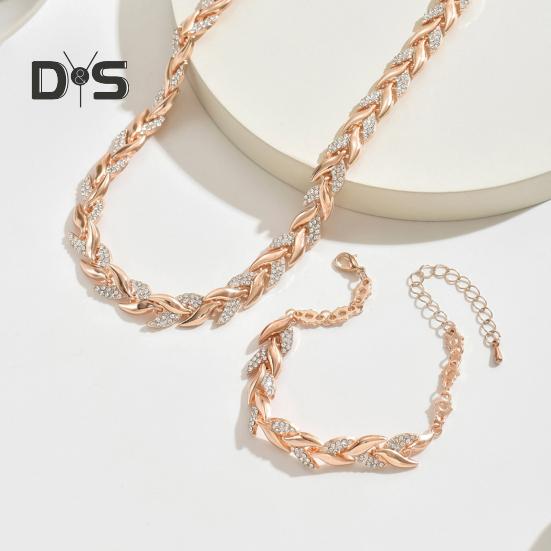 2 Adet/Set Kadın Takı Seti Yaprak Şekli Zirkon Kakmalı Ayarlanabilir Uzunluk Kolye Bileklik Seti Parti Düğün Dekoru